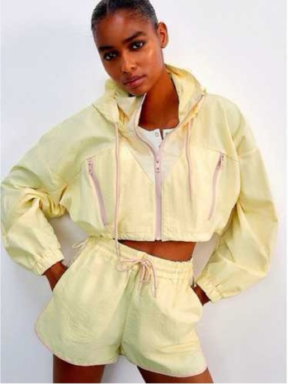 Zara Cropped Hooded Bomber Jacket in Pale Yellow